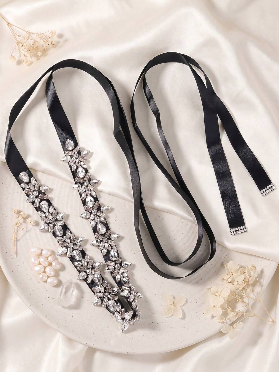 1pc Rhinestone Decor Dress Belt, Sparkly Crystal Ribbon Waist Sash For Women Evening Gown Wedding Party