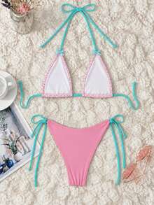 Summer Pink & White Floral Contrast Tie-Up Triangle Cup Bikini, Sexy Style Vacation Swimsuit - Multicolor - View 3
