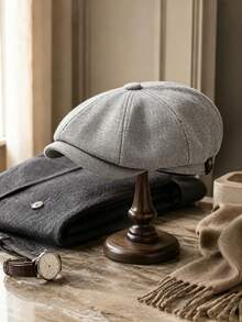 1pc Men's Vintage British Herringbone Newsboy Cap, Autumn/Winter Versatile Warm Baseball Cap, Classic Eight-Panel Design, Suitable For Daily Commute, Street Casual, Outdoor Wear - Grey - View 2