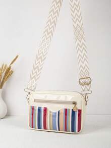 Women's Colorful Striped Crossbody Bag, Glossy Small Shoulder Purse With Adjustable Wide Strap, Zipper Pocket Casual Everyday Bag - Multicolor - View 5