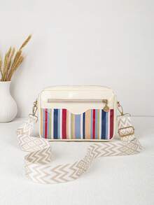 Women's Colorful Striped Crossbody Bag, Glossy Small Shoulder Purse With Adjustable Wide Strap, Zipper Pocket Casual Everyday Bag - Multicolor - View 14