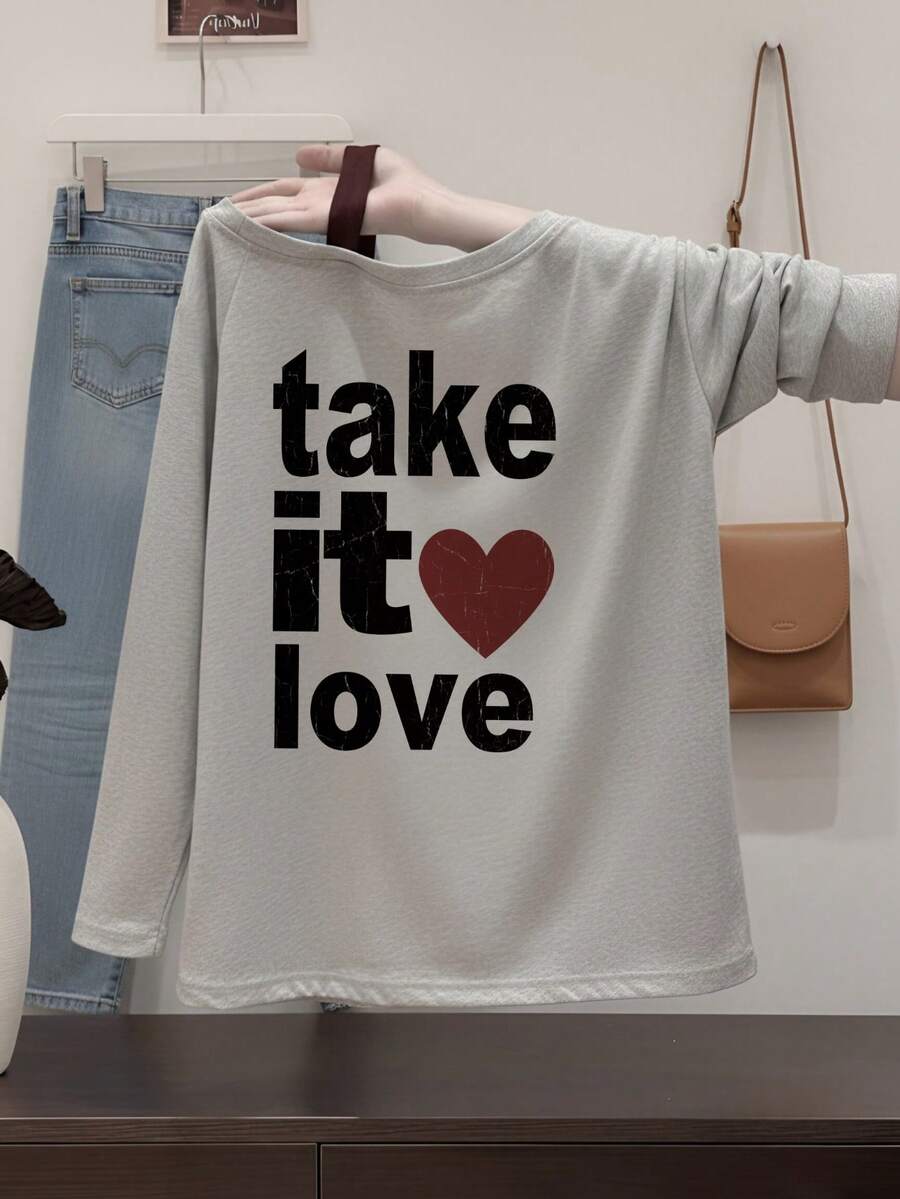 Korean Style Asymmetrical Shoulder Long Sleeve T-Shirt For Women, Distressed Letter & Heart Print, Loose Fit Slimming Early Autumn Hot Girl Base Layer Top - Light Grey - View 1