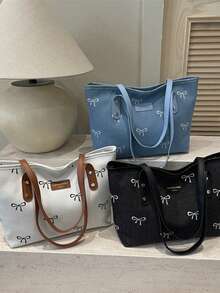 Women's Bowknot Print Denim Tote Shoulder Bag, Contrast Color Faux Leather Strap Large Capacity Handbag, Casual Daily School Shopping Bag - Multicolor - View 2