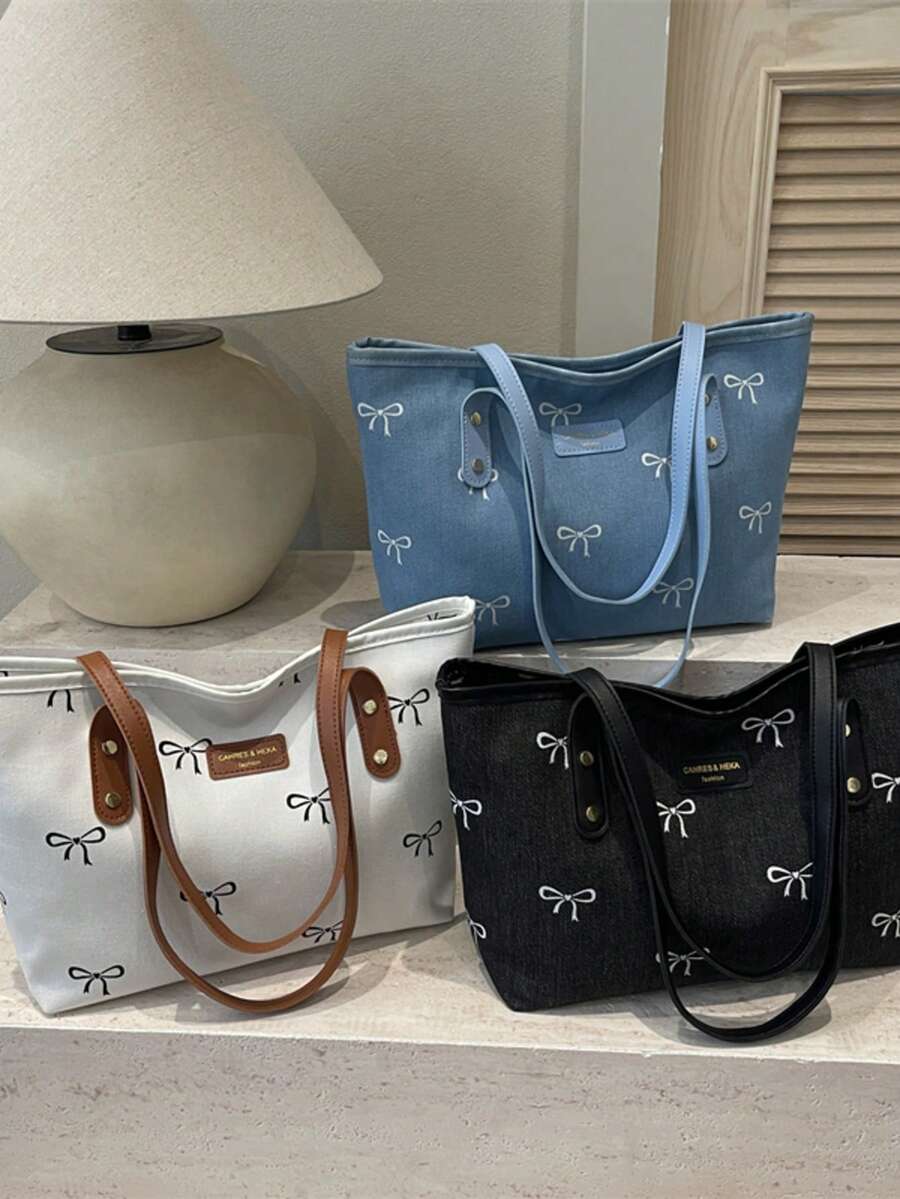Women's Bowknot Print Denim Tote Shoulder Bag, Contrast Color Faux Leather Strap Large Capacity Handbag, Casual Daily School Shopping Bag