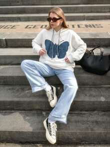 Embroidered Letter Women's Autumn Long Sleeve Hooded Casual Loose Sweatshirt - White - View 5