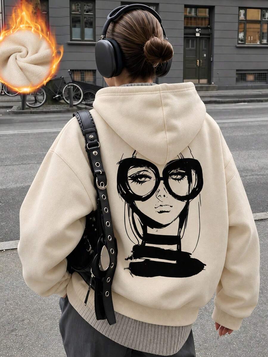女款秋冬新款極簡美式賽車風休閒時尚百搭保暖加絨連帽衛衣 - 杏色 - 查看 1
