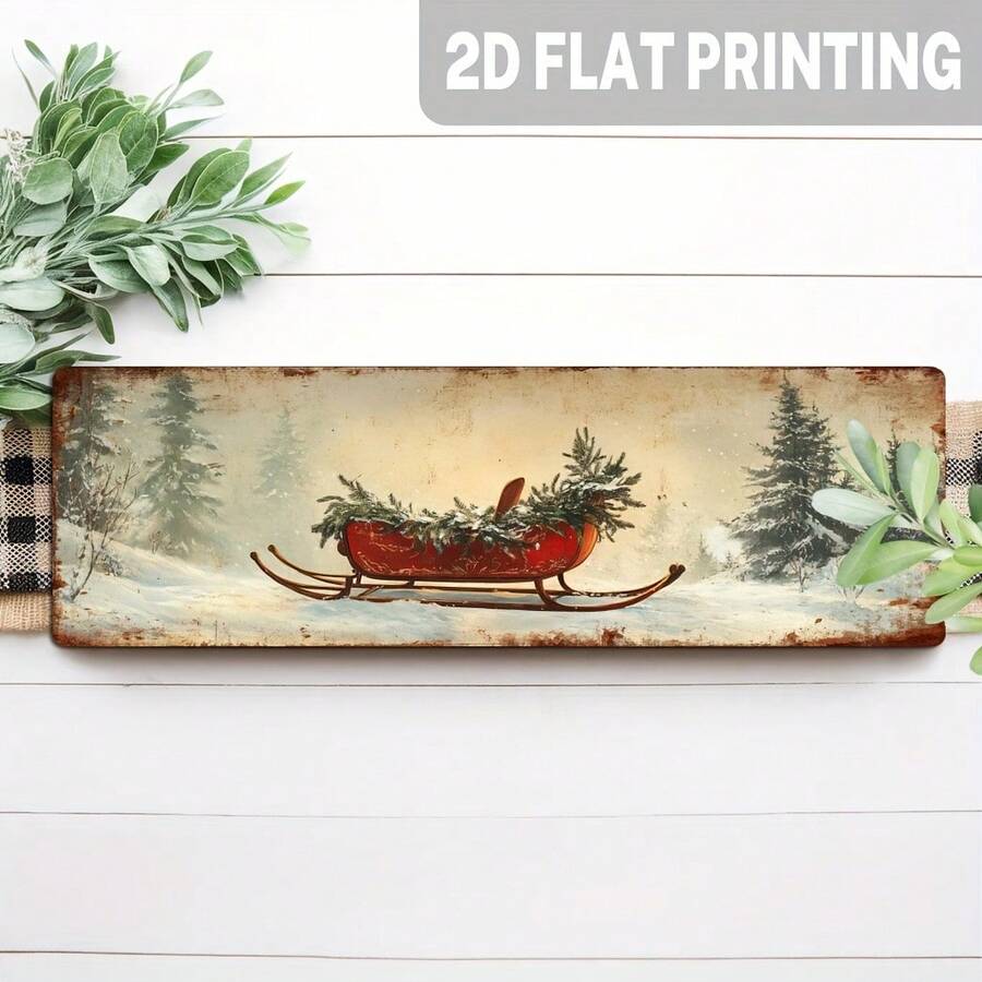 2D Flat, 1pc, Vintage Winter Scene Red Sleigh Sign, Christmas Sleigh Ride Wall Decor, Suitable For Farmhouse, Entryway, Home, Bedroom, Decorative Sign, 5x16 Inches, (Random Style) - A - View 1