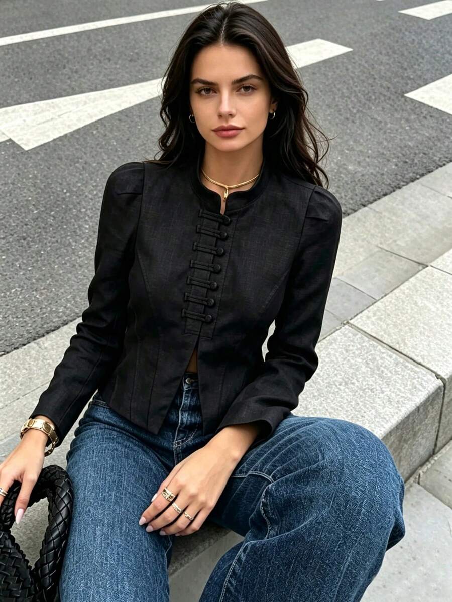 DEEKA 秋季新款女式歐美風時尚極簡百搭長袖立領直筒夾克 - 黑色 - 查看 1