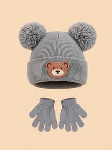 6pcs/2pcs Baby Cute Cartoon Bear Embroidered Knitted Hat & Gloves Set, 3 Solid Colors Double Pom Pom Cuffed Winter Hat & Fingerless Gloves, Fashionable Autumn/Winter Clothing Accessories For Baby, Suitable For Outdoor Activities And Photo Shoots - Multicolor - View 7