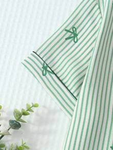 2pcs Set Comfortable Striped Bow Print Pajama Set, Short Sleeve Lapel Top With Pocket And Bow Shorts, Women's Sleepwear Loungewear - Green - View 5