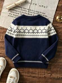 Boys Retro Fair Isle Jacquard Knit Top, Preppy Style Long Sleeve Pullover Sweater For Daily Wear - Navy Blue - View 3