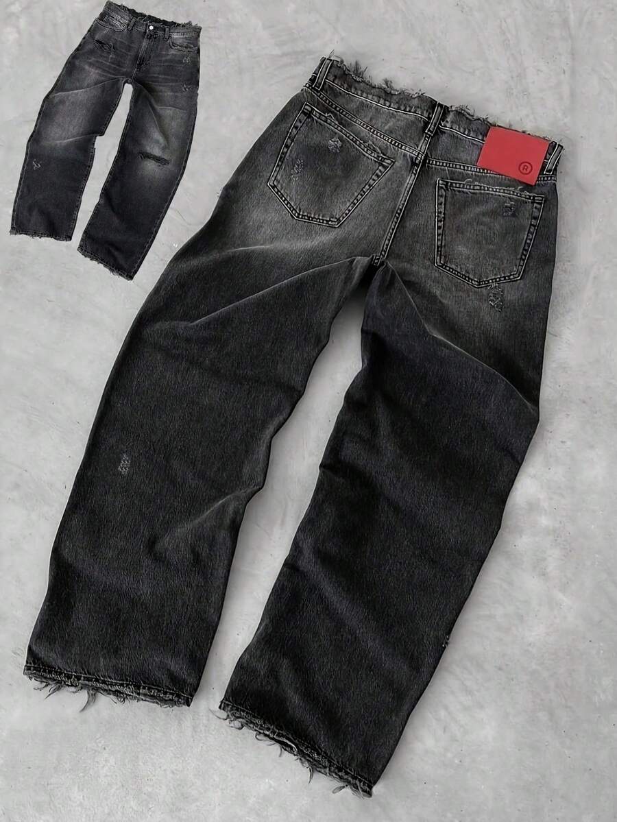 Men's Jeans, Men's Casual Pants, Loose Fit Men's Pants, Daily Commute Jeans, Simple & Fashionable, With Frayed Edge & Distressed Elements, Hip-Hop & Rap Style, Suitable For All Seasons & Summer, Men's Pants - Black - View 1