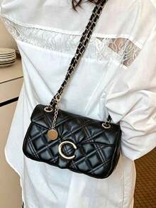 Women's Minimalist Black Hobo Shoulder Bag, Gold Letter Buckle, Adjustable Strap, Elegant Commute, Exquisite Daily - Black - View 5