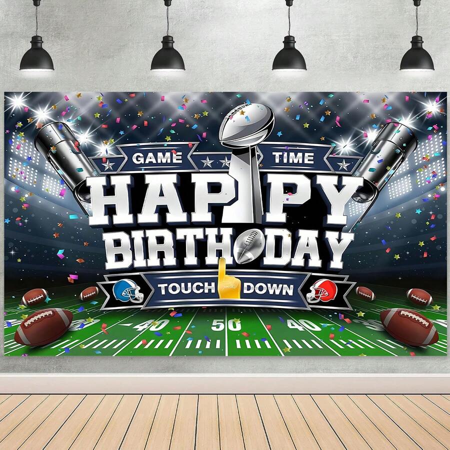 1pc Football-Themed Birthday Backdrop Banner; Perfect For Football Victory Celebrations, Birthday Parties, And Baby Showers-Suitable For Use As A Cake Table Backdrop Or Photo Background. - View 1