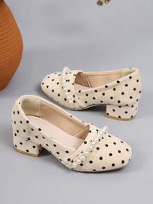 A Pair Of Cute Vintage Low-Heeled Shoes For Girls With Pearl Straps, Polka-Dot Square-Toe High Heels, Suitable For Parties And Daily Outfits - Apricot - View 5