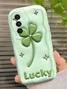 Creamy Dopamine Wave Ruffle Soft TPU Texture Green Creative Lucky Four-Leaf Clover Pattern Phone Case Compatible With Galaxy S21 S22 S23 S24 S25 S26/Honor/ And Other Models - White - View 2