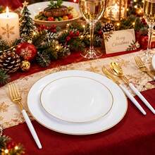 Minimalist White With Gold Rim Round Tray/Plate/Platter - 7.5 Inch Small Plate/10.25 Inch Large Plate, Stackable Space-Saving, Elegant Tableware, Suitable For Weddings, Birthday Parties, Christmas, School Gatherings, Outdoor Banquets And Daily Dining. Suitable For Both Formal And Informal Occasions, Versatile Party Tableware, Ideal Choice For Event Planners - View 3