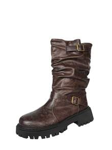 Women's Slip-On Thick Sole Mid-Calf Boots With Metal Buckle Decor, Ruched Fashion Vacation Autumn/Winter Boots - Brown - View 7
