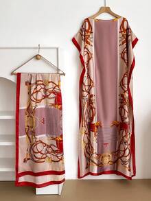 1 Set Faux Silk Minimalist Premium Horse Pattern Print Long Robe Set For Women, Beach Cover-Up Sun Protection Pullover Shawl With Satin Scarf, Perfect For Layering And Daily Wear - Multicolor - View 10
