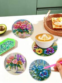 8-Piece Set Of Diamond Painted Coasters, Diamond Painted Coasters With Stand, Diamond Painted Crafts Set, Adult Mosaic DIY Full Diamond Set - A - View 4