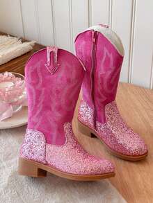 1 Pair Girls' Western Boots With Buckle Decor, Suede PU Material, Toe-Split Mid-Calf Flat Sole, Personalized Style, Suitable For Summer/Spring/Autumn Travel/Street Wear - Hot Pink - View 4