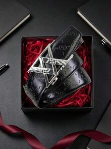 1pc Men's Luxury Belt With Letter Alloy Automatic Buckle, Premium PU Embossed Strap, Multiple Colors Available, 47.2inch Length Adjustable, Suitable For Daily Wear, Jeans, Shorts, Perfect Gift For Boyfriend And Father - Multicolor - View 7