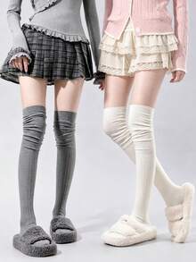 1/2/3 pares de calcetines altos de punto holgados por encima de la rodilla para mujer, otoño/invierno, con puño enrollado, adecuados para diversas ocasiones - Multicolor - Ver 6