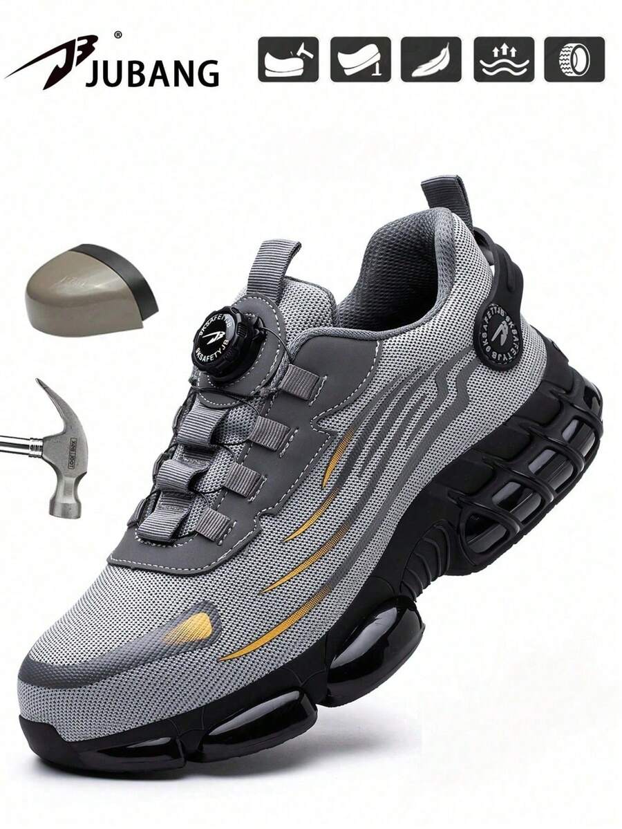 Men's Rotating Button Comfortable Industrial Construction Work Shoes Steel Toe Athletic Sneakers Lightweight Breathable Construction Site Work Shoes (Runs Half Size Small)