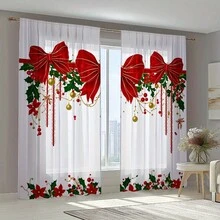 2PCS Christmas Sheer Curtains, Happy Holidays, Bow And Christmas Berry Patterns, Polyester Fiber Material,Trunked Window Screen,Four Seasons Home Window Decoration,Kitchen,Living Room,Bedroom,Dining Room Available In Multiple Sizes,Christmas Gifts - Multicolor - View 8
