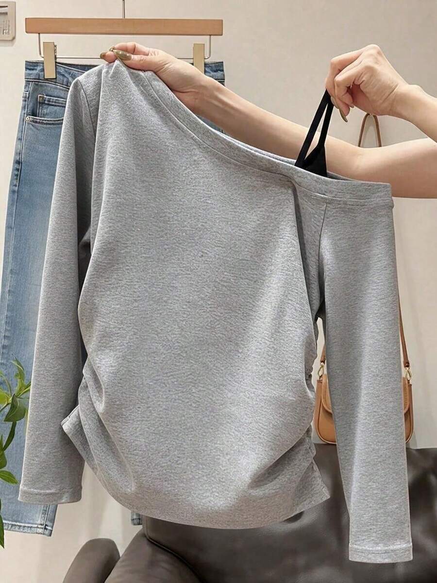 Korean Style Grey Asymmetrical Shoulder Long Sleeve T-Shirt For Women, Black Spaghetti Strap Side Ruched Fitted Cropped Top, Autumn - Light Grey - View 1