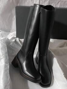 Fall/Winter 2025 New Leather Mid-Heel Over-The-Knee Riding Motorcycle Boots, Simple & Versatile High Shaft Boots For Women, Black - Black - View 9