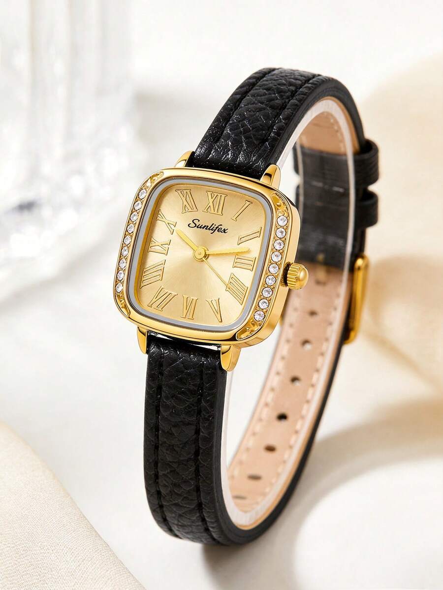 Women Square Vintage Quartz Watch, Gold Rhinestone Alloy Case, Gold Roman Numeral Dial, Black Litchi PU Strap, Elegant Ladies Watch For Daily & Gift
