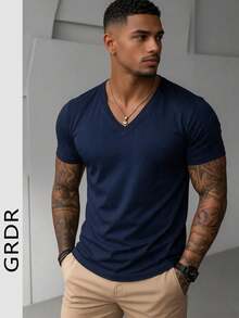 GRDR Men's Fashionable V-Neck Short Sleeve T-Shirt | Exquisite Design | Summer Essential | Easy To Match | Showcase Your Style - Navy Blue - View 3