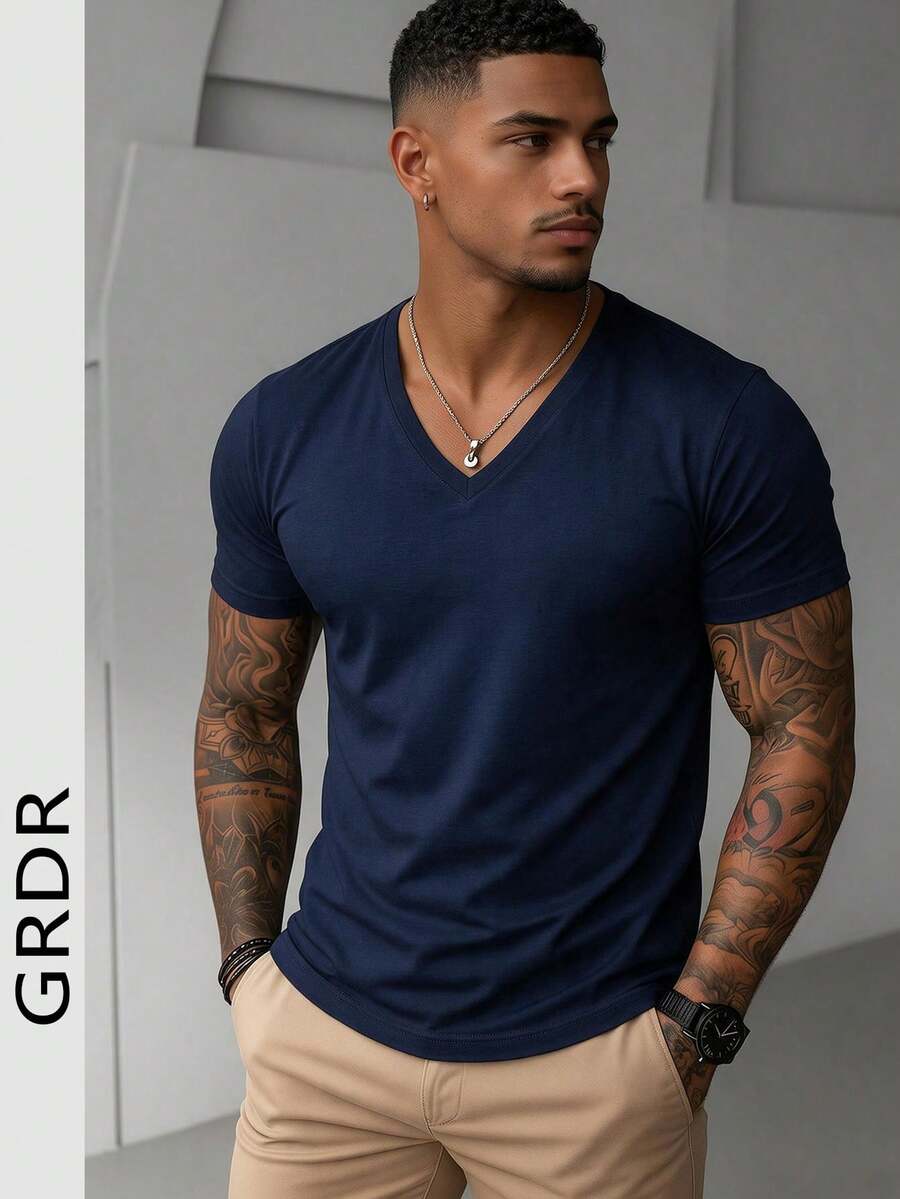 GRDR Men's Fashionable V-Neck Short Sleeve T-Shirt | Exquisite Design | Summer Essential | Easy To Match | Showcase Your Style