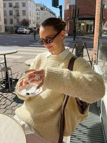 Solid Color Round Neck Loose Fit Long Sleeve College Style Women's Sweater, Autumn/Winter - Apricot - View 5