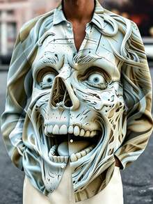 Skull Print Men's Plus Size Button-Up Holiday Long Sleeve Shirt - Light Grey - View 2