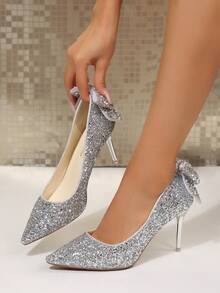 Glitter Silver Bow New Chinese Style Fabric Glitter 2026 Fashion High Heel Pumps Outdoor All Seasons - Silver - View 4
