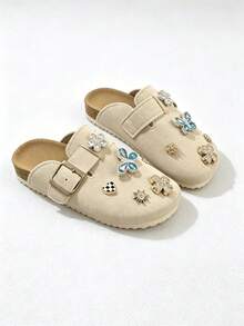 Girls' Beige Faux Suede Closed-Toe Mules With Rhinestone Detail & Adjustable Strap, Cork Footbed Casual Sandals, Little/Kids - Beige - View 3