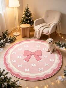1pc Christmas New Sweet Pink Round Bow Rug, Cute Decorative Floor Mat For Girls' Room, Living Room, Bedroom, Autumn/Winter Minimalist Decorative Blanket, Decorative Rug, Bedroom Decor, Small Rug, Rug, Home Decor, Living Room Rug, Living Room Small Rug, Bedroom Rug, Living Room Home Decor - Multicolor - View 3