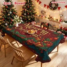 1/2件組聖誕主題桌布，金色「Merry Christmas」文字，環繞冬青葉、紅漿果、懸掛紅球裝飾、雪花、禮物盒與緞帶，適用廚房餐桌布置、餐廳節日裝飾、野餐露營場景、派對桌面點綴、農舍風創作、日常桌面美化與節日氛圍提升 - 彩色 - 查看 16