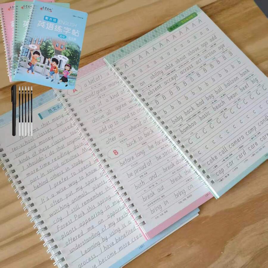 1 Set Of 3 3D Grooved English Handwriting Practice Books, Simple Version, Including Basic English Letter Training, Vocabulary Training, Sample Text Training And 1 Set Of Magic Pen With 5 Refills, Reusable, Suitable As Birthday Gift - Set Of 3 Notebooks + 1 Pen With 5 Refills - View 1