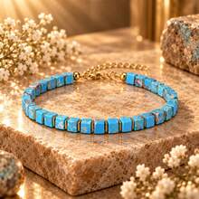 Bohemian Style Sky Blue Textured Square Bead Bracelet, Gold Spacer Adjustable Extension Chain Design, Prosperity Theme Symbolizing Attracting Wealth, Abundance And Good Luck, Fashionable Elegant Minimalist Versatile Daily Jewelry, Suitable For Commuting, Casual Wear And Holiday Gifts - Multicolor - View 4