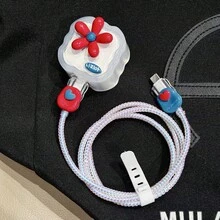 5pcs/Set Compatible With UK 20W Cable Protector Red & Blue Floral Accessories TPU Material Anti-Fall Anti-Scratch Laser White Data Cable Wrap Rope Anti-Break - Red Flowers - View 2