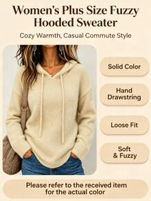 Sweater Rajut Polos Ukuran Besar untuk Musim Gugur dan Musim Dingin, Hoodie Berbulu dengan Tali Serut, Pullover Kasual Lengan Panjang Slim Fit untuk Perjalanan Sehari-hari - Aprikot - View 9