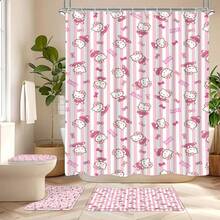 SANRIO 4pcs Multi-Pattern Hello Kitty Bathroom Shower Curtain Set[1pc Shower Curtain 180x180cm+3pcs Mat 38x44cm+38x45cm+45x75cm] - Shower Curtain Set - View 3