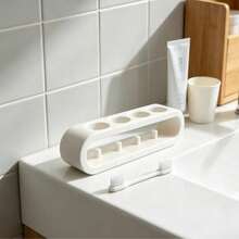 Electric Toothbrush Holder For Electric Toothbrushes - Holds 4 Electric Toothbrushes, Storage Tool, Bathroom Storage Accessory, Keeps Bathroom Tidy, Minimalist Bathroom Vanity Organizer, Separate Storage For Toothbrushes And Rinsing Cups, Hollow Design For Breathability And Drainage, Prevents Water Accumulation, Rounded Elegant Design, Stable Placement, Clean Countertop, Creates A Clean And Fresh Bathroom Vanity Area - Multicolor - View 5