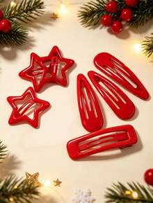7/21pcs Women's Christmas Color Star & Water Drop Rectangular Hair Clips Set, Red BB Clips Holiday Party Hair Accessories, Side Bangs Clips Christmas Gift Recommendation, Holiday Party Gift - Red - View 2