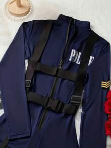 1套 Cosplay 機車女警制服 2件組（連身衣、肩帶）性感雙拉鍊開襠不可拆卸誘惑夜店表演裝扮，角色扮演緊身貼身遊戲服裝 - 藍色 - 查看 3