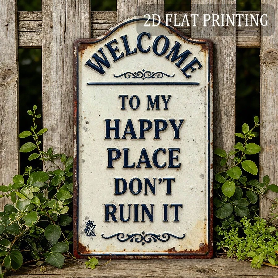 2D Vintage Welcome To My Happy Place Wooden Sign, Suitable For Yard Wall Decor, Fence, Garage, Indoor Wall Decoration, Great Gift/No Electricity Required - TM33 - View 1