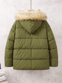 Tween Boy Autumn/Winter Casual Outdoor Versatile Patchwork Webbing D-Ring Buckle Cargo Hooded Big Fur Collar Jacket - Army Green - View 2